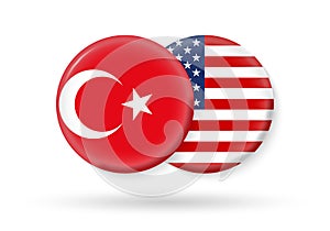USA and Turkey circle flags. 3d icon. Round Turkish and American national symbols. Vector illustration
