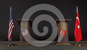 USA and turkey flags. USA and turkey flag. USA and turkey negotiations. Rostrum for speeches. 3D work and 3D image