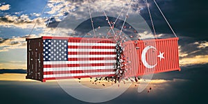 USA and Turkey trade war. US of America and Turkish flags crashed containers on sky at sunset background. 3d illustration