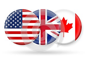 USA, UK and Canada circle flags. 3d icon. Round American, British and Canadian national symbols. Vector