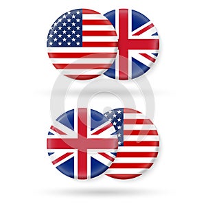 USA and UK circle flags. 3d icon. American and British national symbols. Vector