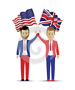 Usa and uk flag waving people