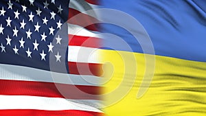 USA and Ukraine officials exchanging confidential envelope, flags background