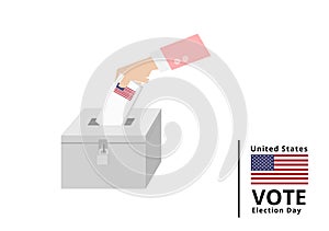 USA United state of America woman voter dropping ballots in the election box with national flag vector