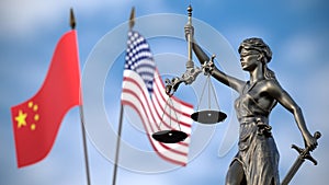 USA United States of America and Chinese flags, international Law Legal System Concept