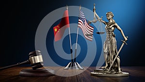 USA United States of America and Chinese flags, international Law Legal System Concept