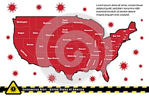 USA united states america corona alert warning map with political region border vector illustration