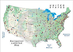 USA United States of America Navigation Labelled Map