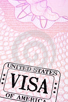 USA united states visa stamp passport page, copy space, vertical