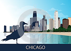 USA Urban Chicago city background with silhouette of sitting bird seagull, skyscrapers, lake Michigan and blue sky. Panorama, view