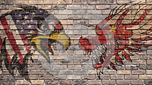 USA versus China, the American eagle and the Chinese dragon, with the flags of both countries in the background