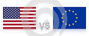 USA versus EU. The United States of America against the European Union. National flags with reflection.