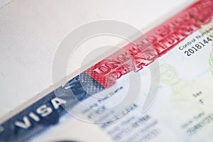 USA visa background . US visa in passport close-up