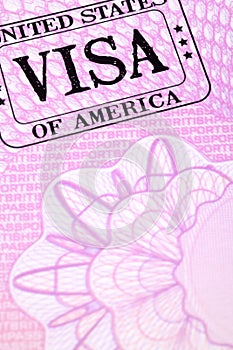 USA visa document stamp passport page, copy space, vertical