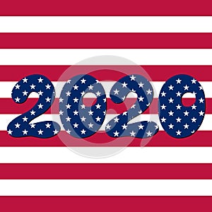 USA vote 2020.Text with American flag inside the text. Vector illustration on striped background. American flag in letters.