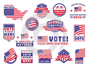 Usa voting labels. American presidential election badges and vote stickers, encouraging political voting banners photo