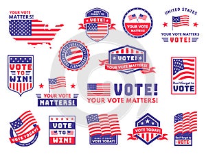 Usa voting labels. American presidential election badges and vote stickers, encouraging political voting banners