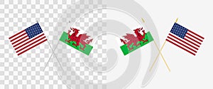 Usa and Wales crossed flags. Pennon angle 28 degrees. Options with different shapes and colors of flagpoles - silver and gold.