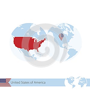 USA on world globe with flag and regional map of USA