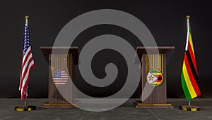 USA and Zimbabwe flag. USA and Zimbabwe negotiations. Rostrum for speeches. 3D work and 3D image