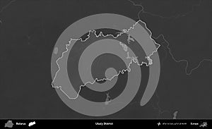 Usacy District highlighted, Belarus. Grayscale