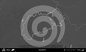 Usacy District outlined, Belarus. Grayscale