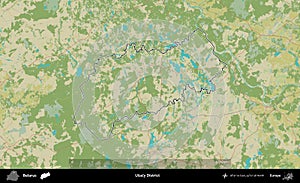 Usacy District outlined, Belarus. Topographic Humanitarian