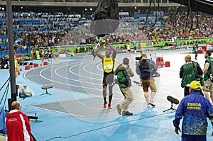 Usain Bolt celebrates winning 200m at Rio2016