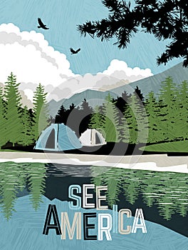 Scenic landscape with mountains, forest and lake with camping tents. Summer travel poster