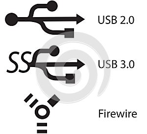 USB 2.0, 3.0 and firewire sign symbol