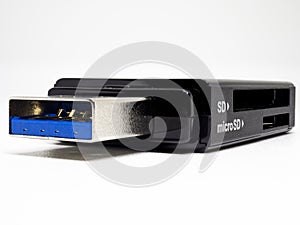 Usb 3 blue flash drive device closeup, macro card reader connection