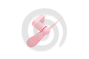 A USB apple lightning port portable pink fan against a white backdrop