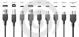 USB, A, B and type C plugs, sockets or universal computer cable connectors 3d realistic