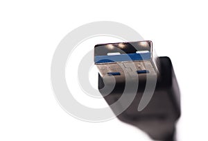 USB cable connector with blurred cable close up