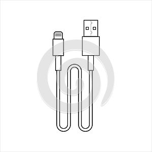 USB cable connector cord isolated on white background in flat style.