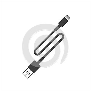 USB cable connector cord isolated on white background in flat style.