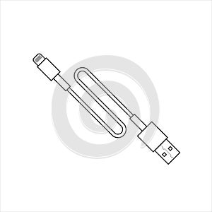 USB cable connector cord isolated on white background in flat style.