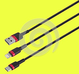USB cable and connector, Type-C, Lightning, on a yellow background