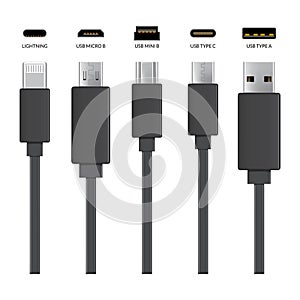 Usb cable connectors. Realistic vector set of phone jacks for cabling in black color. Cable for charging or transmitting
