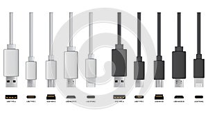 Usb cable connectors. Realistic vector set of phone jacks for cabling in white and black color. Cable for charging or