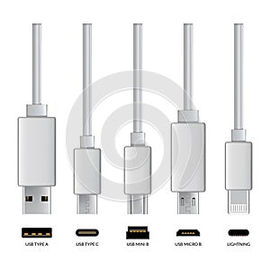 Usb cable connectors. Realistic vector set of phone jacks for cabling in white color. Cable for charging or transmitting