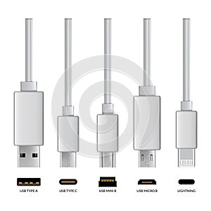 Usb cable connectors. Realistic vector set of phone jacks for cabling in white color. Cable for charging or transmitting photo