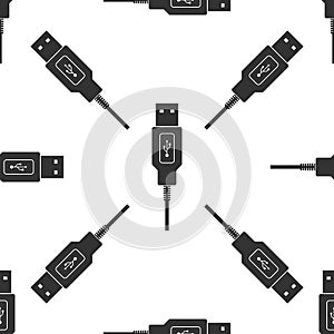 USB cable cord icon seamless pattern on white background. Connector and socket for PC and mobile devices. Computer
