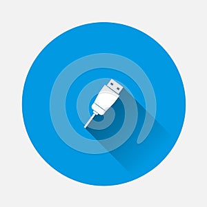 Usb cable icon on blue background. Flat image with long shadow