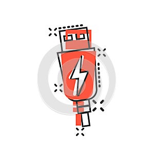 Usb cable icon in comic style. Electric charger vector cartoon illustration on white isolated background. Battery adapter splash