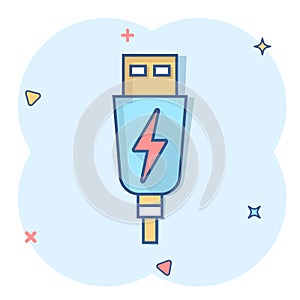 Usb cable icon in comic style. Electric charger vector cartoon illustration on white isolated background. Battery adapter splash