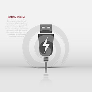 Usb cable icon in flat style. Electric charger vector illustration on white isolated background. Battery adapter business concept