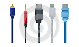 USB Cable Plugs Isolated on White Background Vector Set