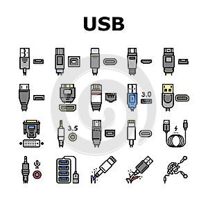 Usb Cable And Port Purchases Icons Set Vector