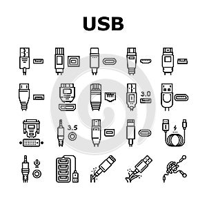 Usb Cable And Port Purchases Icons Set Vector